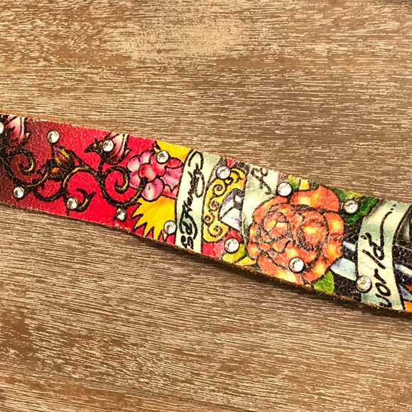 VINTAGE ED HARDY BY CHRISTIAN AUDIGIER BIG BUCKLE LEATHER BLING BELT - Picture 7 of 7